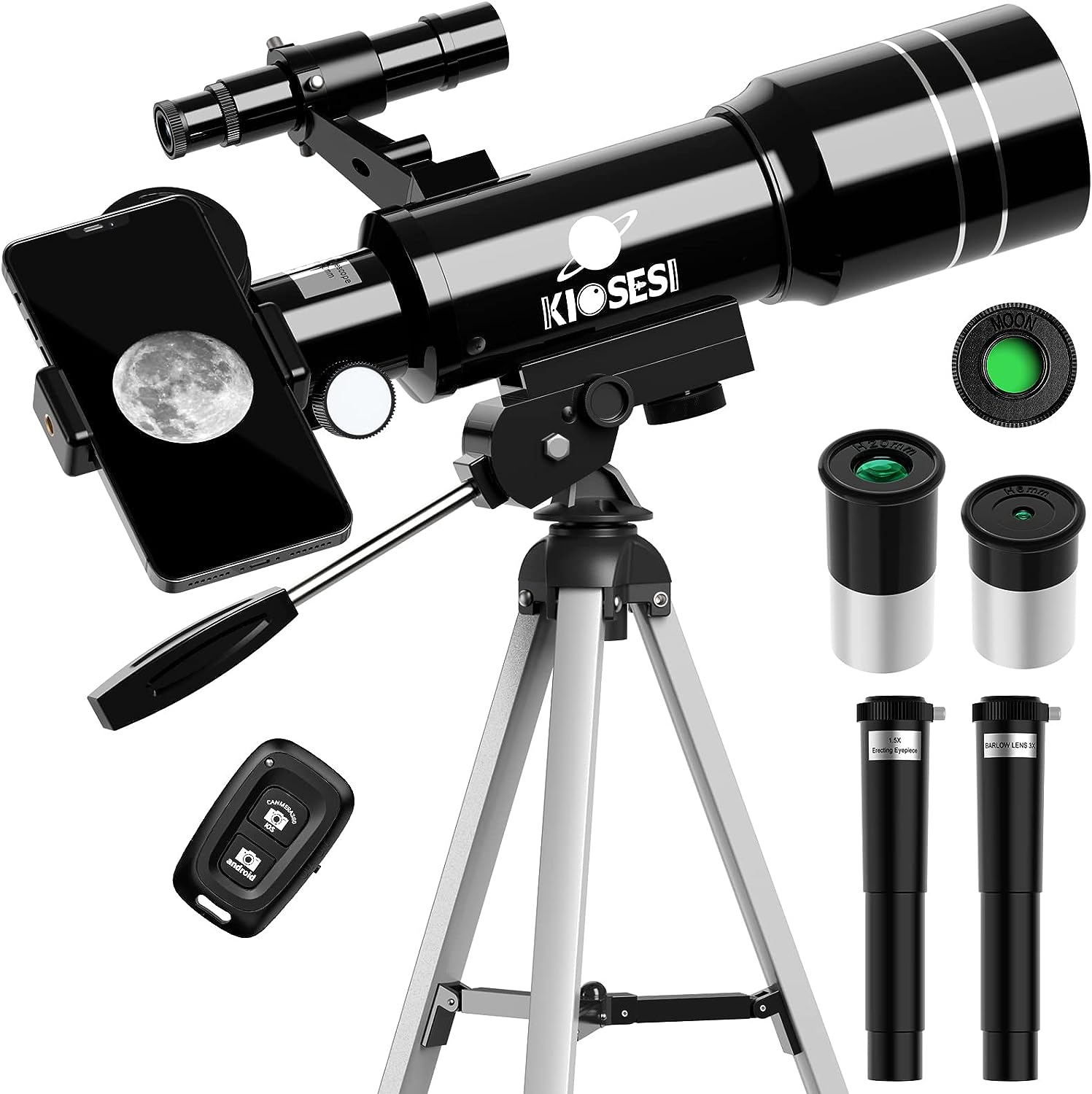 KIOSESI Telescope for Adults & Kids, 70mm Aperture 400mm Refractor Telescope (20X-200X) for Astronomy Beginners, Portable Telescope with Phone Adapter & Wireless Remote, Astronomy Gifts for Kids