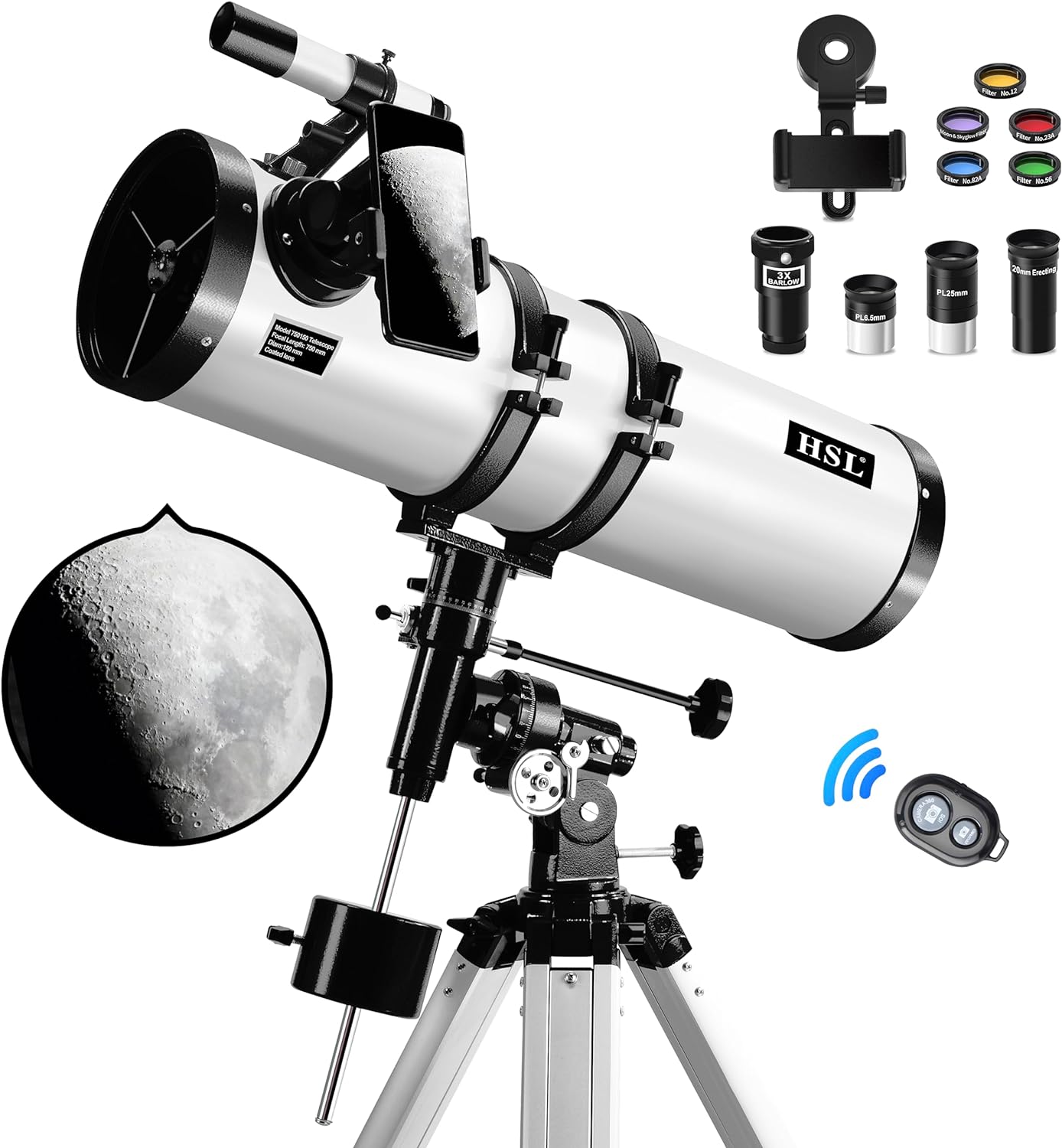 Telescope 150EQ Newtonian Reflector Telescopes for Adults,150mm Aperture Professional Telescopes for Adults Astronomy,Comes with 5 Color Filters Set,3X Barlow Lens and Phone Adapter,Wireless Control