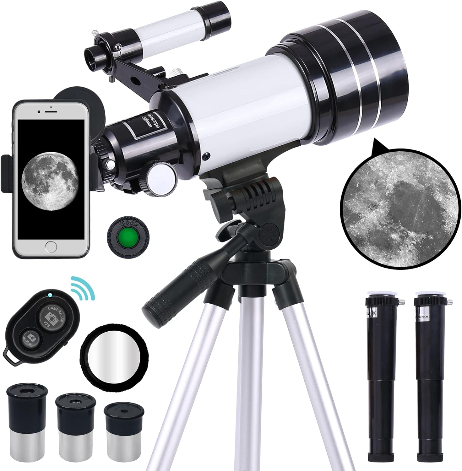 Telescope for Adults & Kids, 300mm Focal Length Refractor Telescope, 70mm Aperture Professional Astronomy Refractor Telescope for Beginners, Phone Adapter & Wireless Remote (Blue)