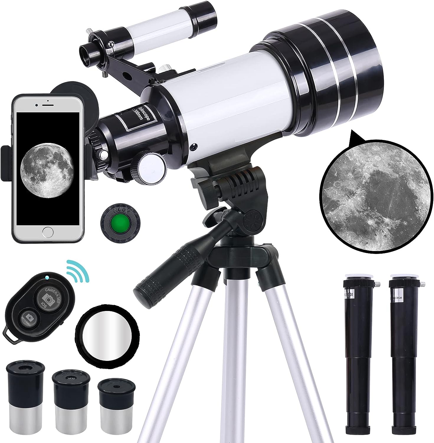 Telescope for Adults & Kids, 300mm Focal Length Refractor Telescope, 70mm Aperture Professional Astronomy Refractor Telescope for Beginners, Phone Adapter & Wireless Remote (White)