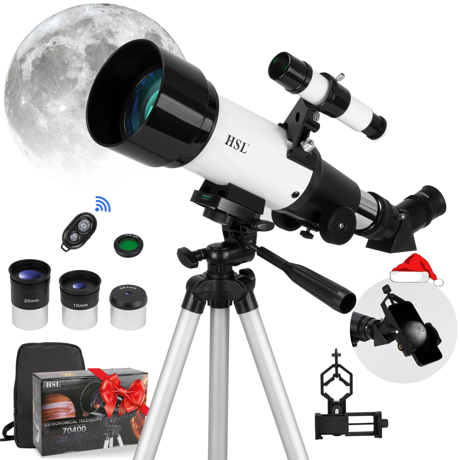 HSL Telescope for Adults & Kids, 70mm Aperture Refractor Telescopes for Astronomy Beginners(20x-100x) – 400mm Portable Travel Telescope with Phone Adapter, Wireless Control,Tripod and Carry Bag(White