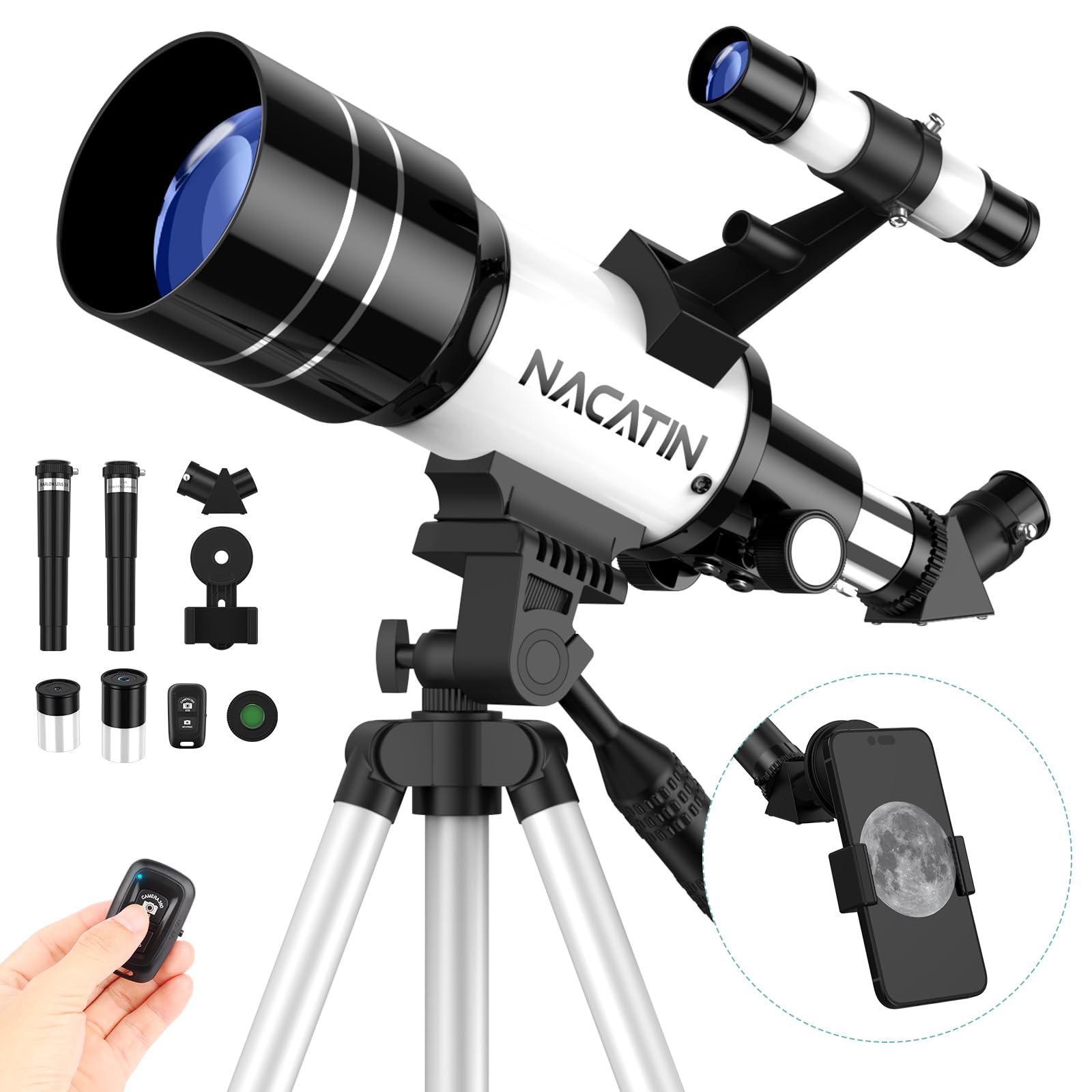 NACATIN Telescope for Kids, 70mm Aperture (15X-150X) AZ Mount Telescopes for Astronomy Beginners, Portable Refractor Telescope with Tripod, Phone Adapter and Wireless Remote Black