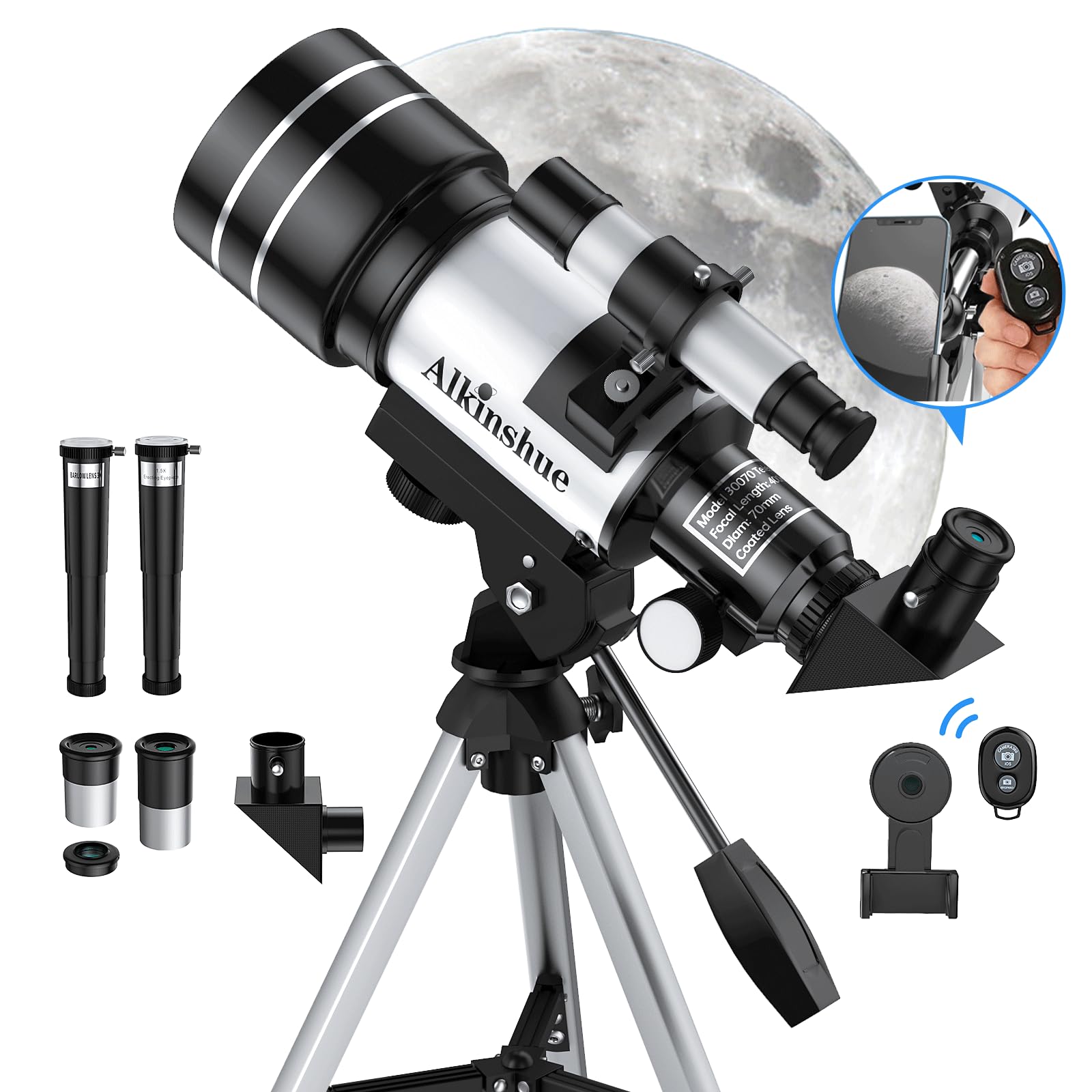 Telescope 70mm Aperture 400mm -Magnification 24-180X, Astronomical Portable Refracting Telescope Fully Multi-Coated High Transmission Coatings AZ Mount with Tripod &Wireless Control & Carrying Bag