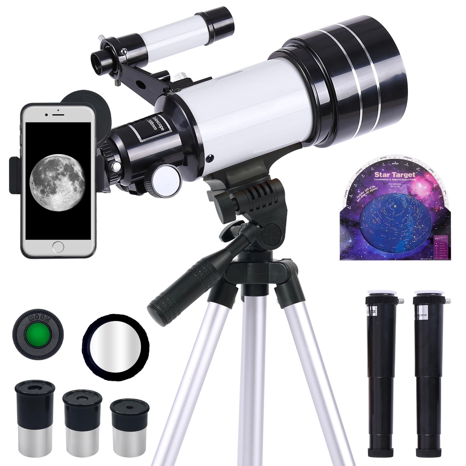 Telescope for Adults & Kids, 70mm Aperture Professional Astronomy Refractor Telescope for Beginners, 300mm Portable Refractor Telescope with AZ Mount & Phone Adapter (Orange)