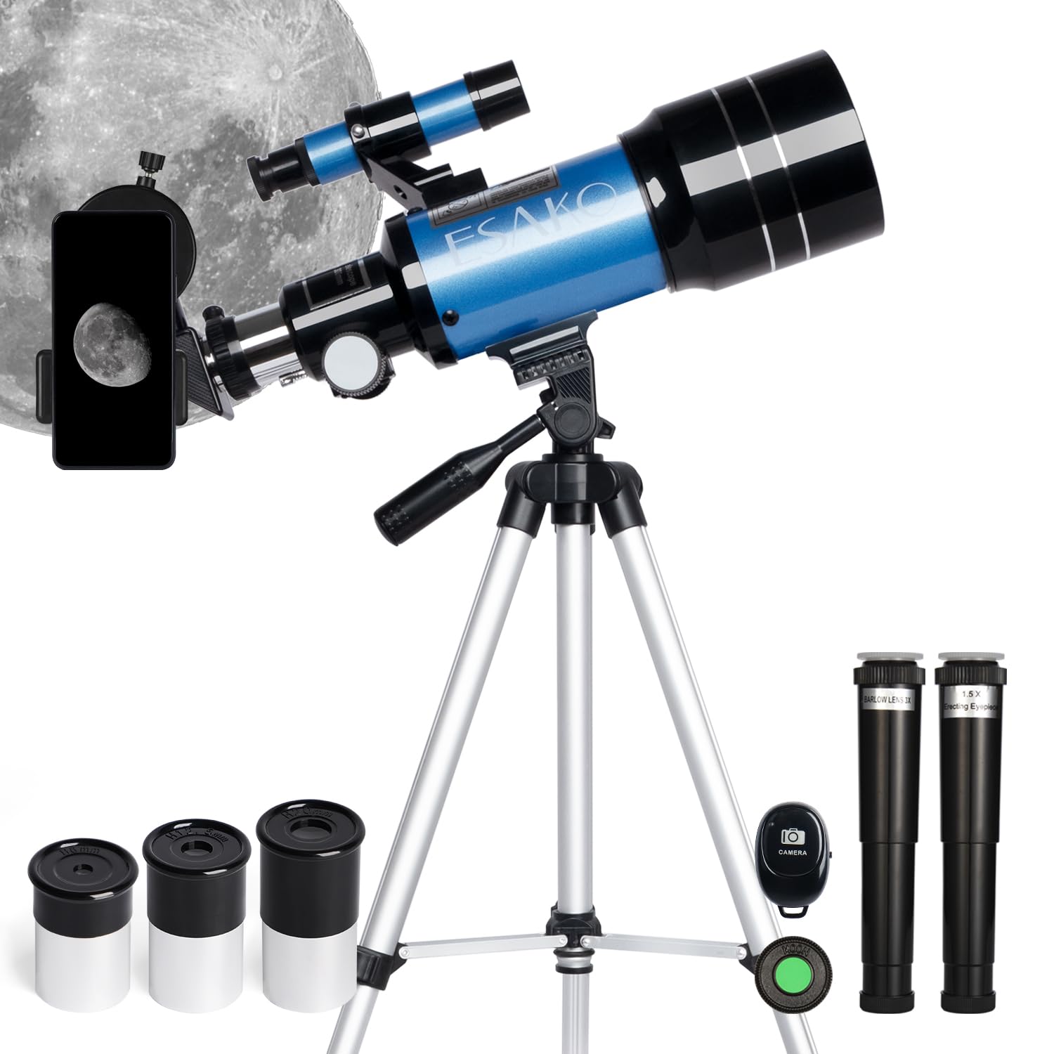 ESAKO Telescope for Kids & Adults, 70mm Portable Beginner Telescopes with 3 Eyepieces, Height Adjustable Tripod & Phone Adapter