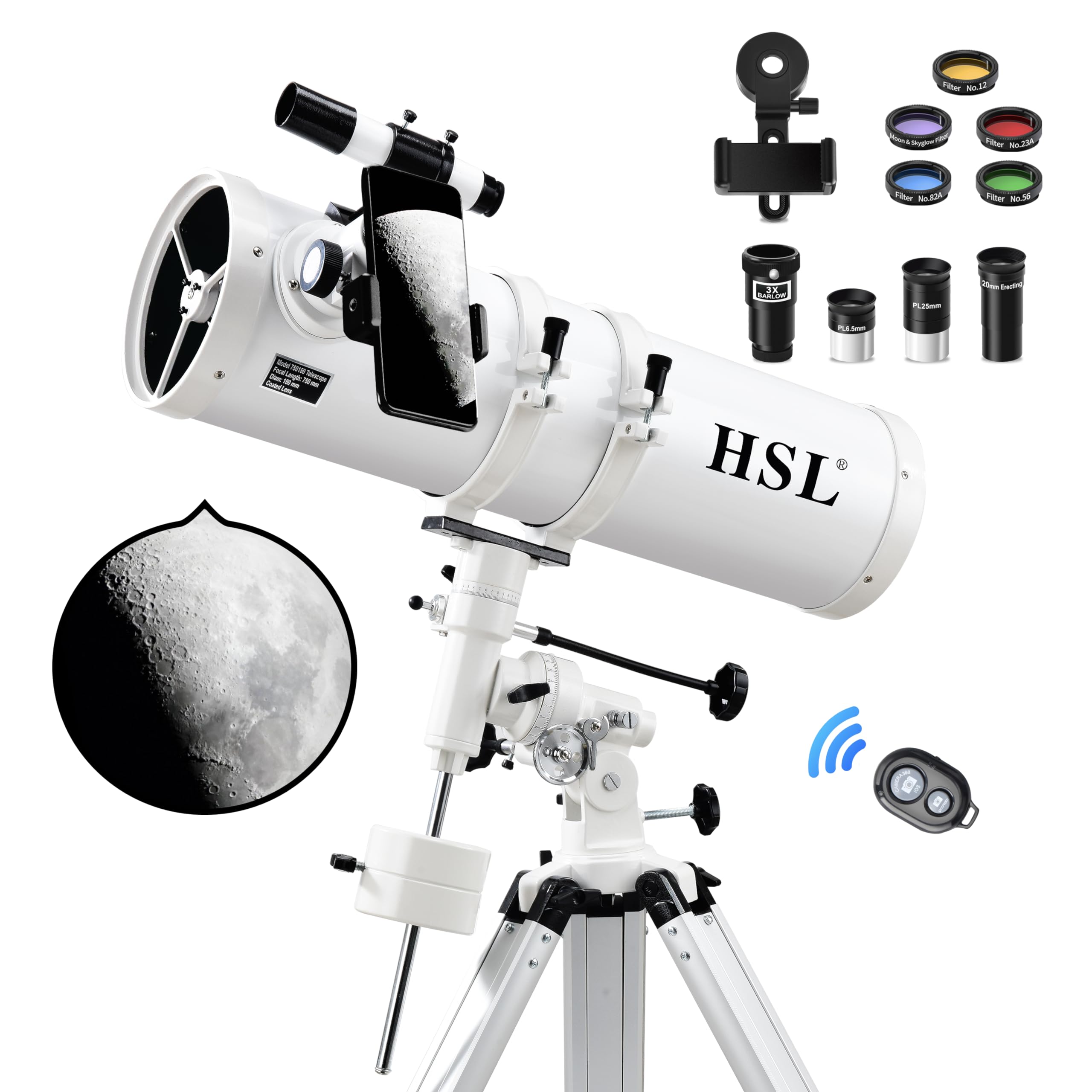 HSL 150EQ Astronomical Reflector Telescope for Adults high Powered,150mm Aperture Professional Telescopes for Adults Astronomy,Comes with 5 Color Filters Set and 3X Barlow Lens