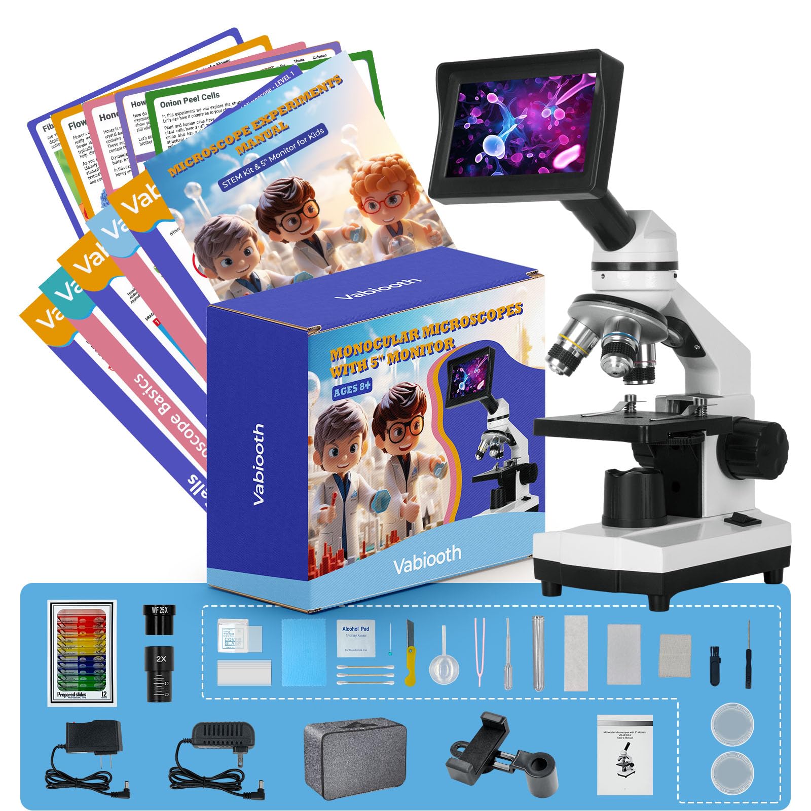 [STEM KIT] Vabiooth Kids Beginner Student Adult Monocular Microscope STEM Kit with 5" Monitor, 100X-2000X, Dual LED Lights, Phone Adapter, Prepared Slides and Carry Bag